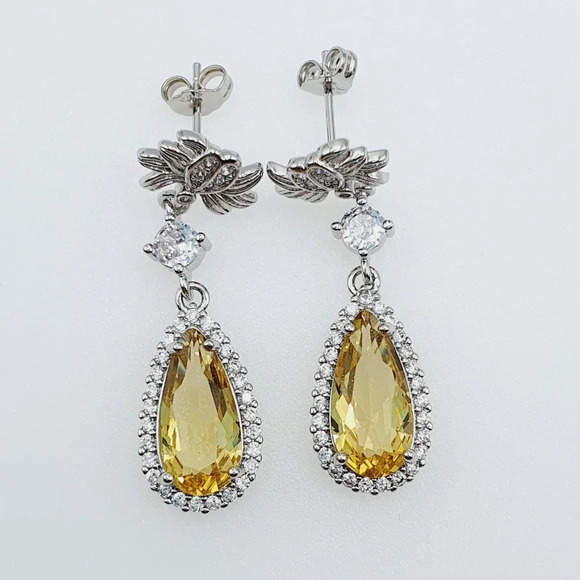 925 Silver Pear Cut Flower Shaped Yellow Earrings, FB16FA1041 - Picture 4 of 4